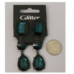 Women Fashion Drop Dangle Earrings Faux Emerald Green Gems Push Backs GLITTER